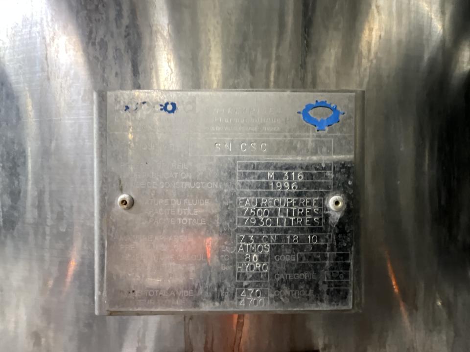 Boccard 7500 Litre Stainless Steel Vertical Recovered Water Storage Tank - S&nbsp; 
