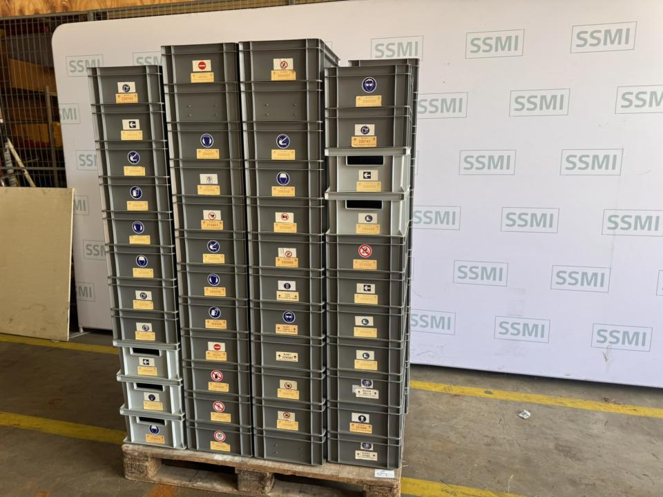 Pallet with Sign stickers Safety and marking